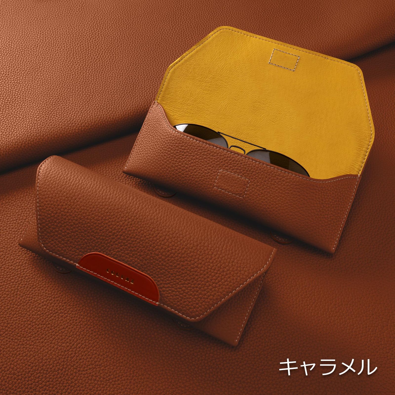 COGURE コグレ 車用 メガネケース サングラスホルダー サンバイザーポケット 本革 レザー マグネット開口 車内整理 カーサンバイザー用 取り付け簡単 ほとんどの車種に適用 ブランド おしゃれ ボックス付き CoCarSGC キャラメル