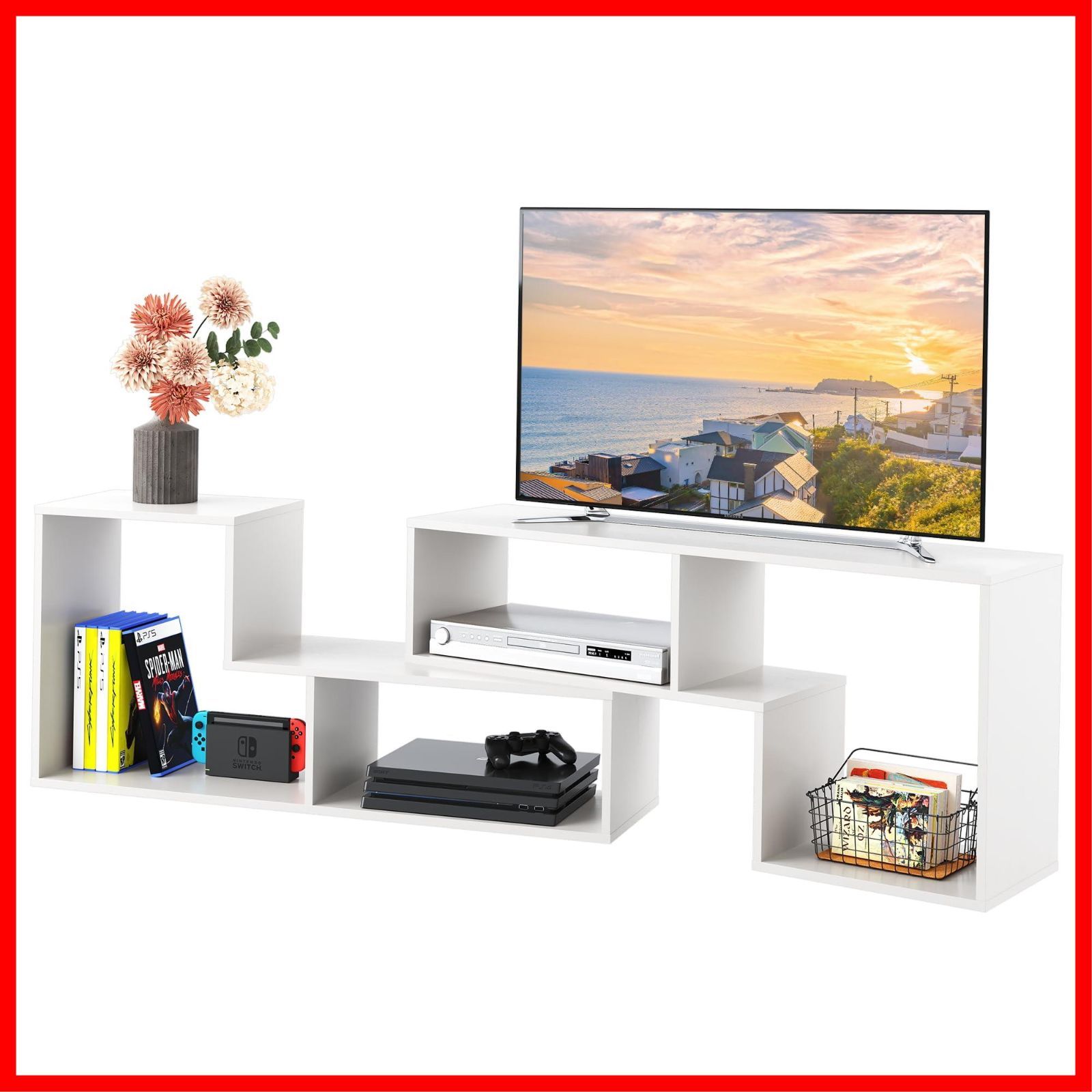 伸縮 伸縮テレビ台 幅105～210cm 角度調整 テレビラック 42型対応 32インチ 60インチ対応 テレビ台 コーナー オープン収納 収納ラック DEVAISE 耐荷重25kg 簡単組立 ホワイト