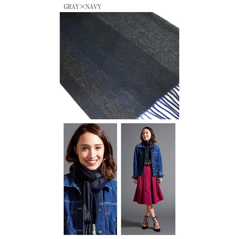 Cashmee034 OUTLET カシミヤ 100% グラデーションボーダー リバーシブル マフラー Neptune カシミア アウトレット GRAY×NAVY 75 ネイビー