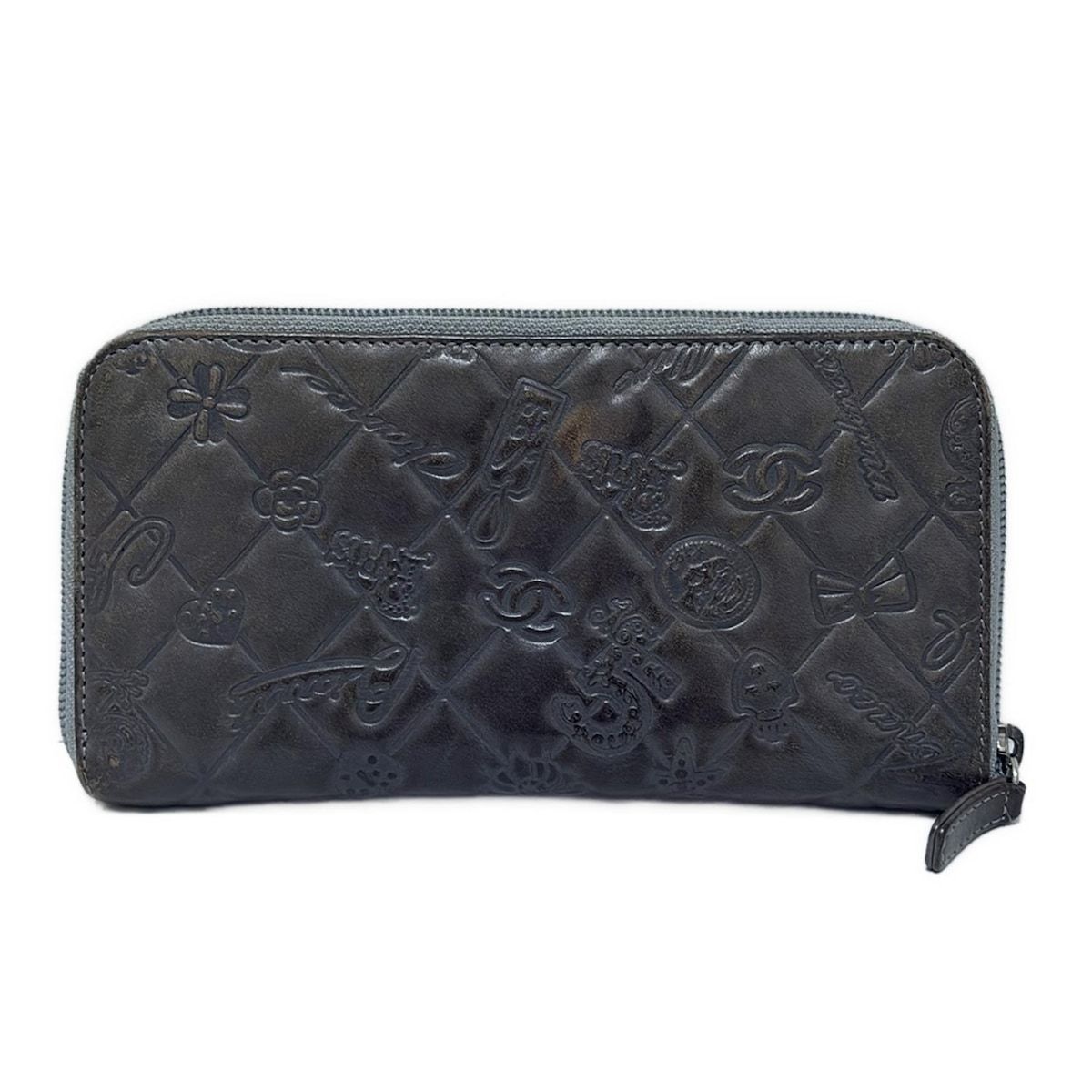 CHANEL シャネル 長財布 シンボルチャーム ダークグレー ラウンドファスナー 型押し加工 ハート リボン ココマーク レザー
