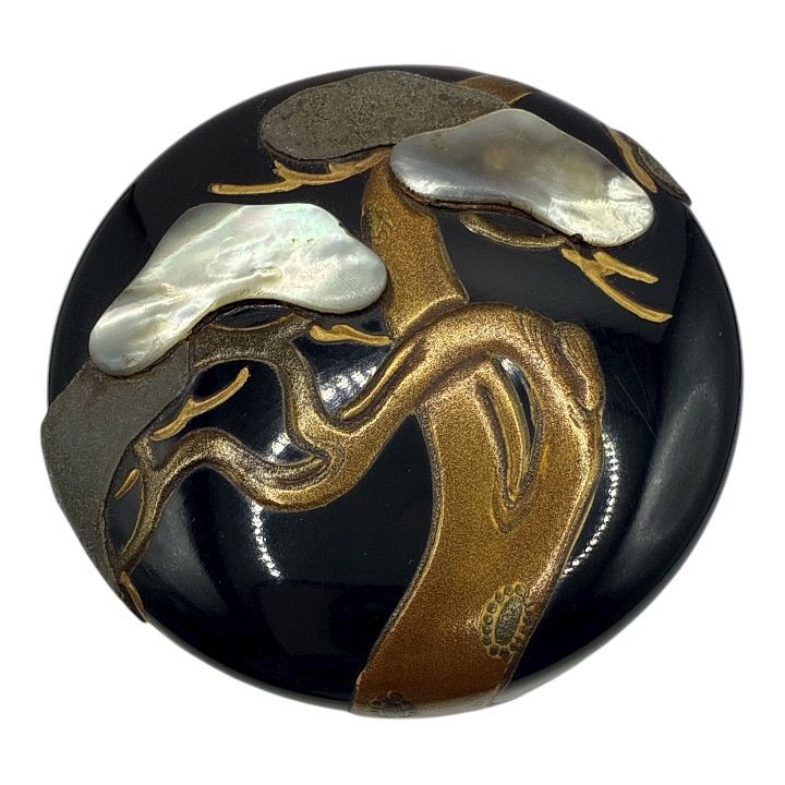 時代物 蒔絵市 西塚朝光作 輪島塗黒漆蝶貝象嵌松之図絵平漆