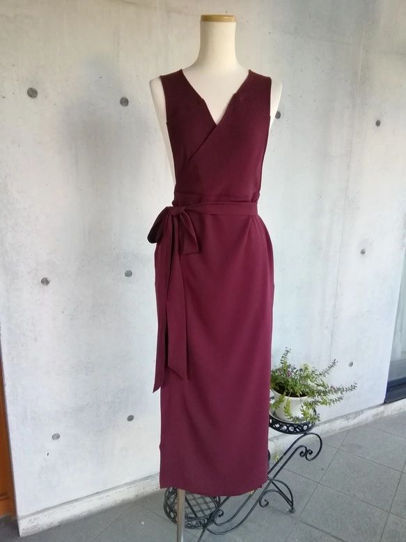 4L 6L 梨地ストレッチ ボルドー 茶道お稽古用エプロンウエストリボン127100-50-2