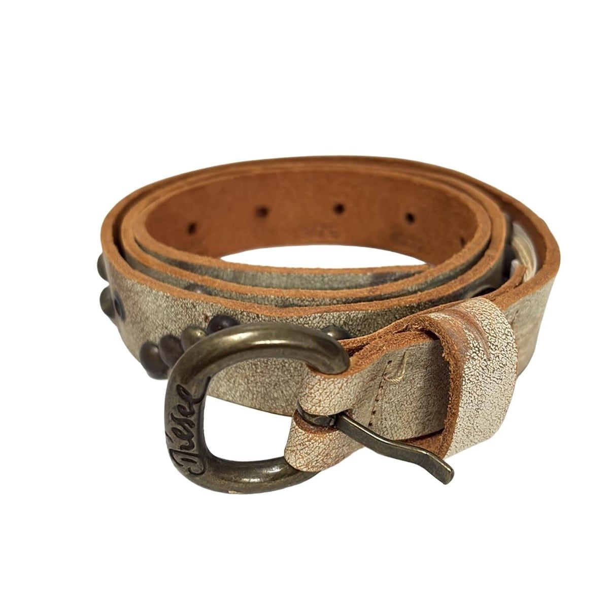 DIESEL ディーゼル ベルト 80 32 アイボリー×ブラウン ダメージ加工 スタッズ レザー