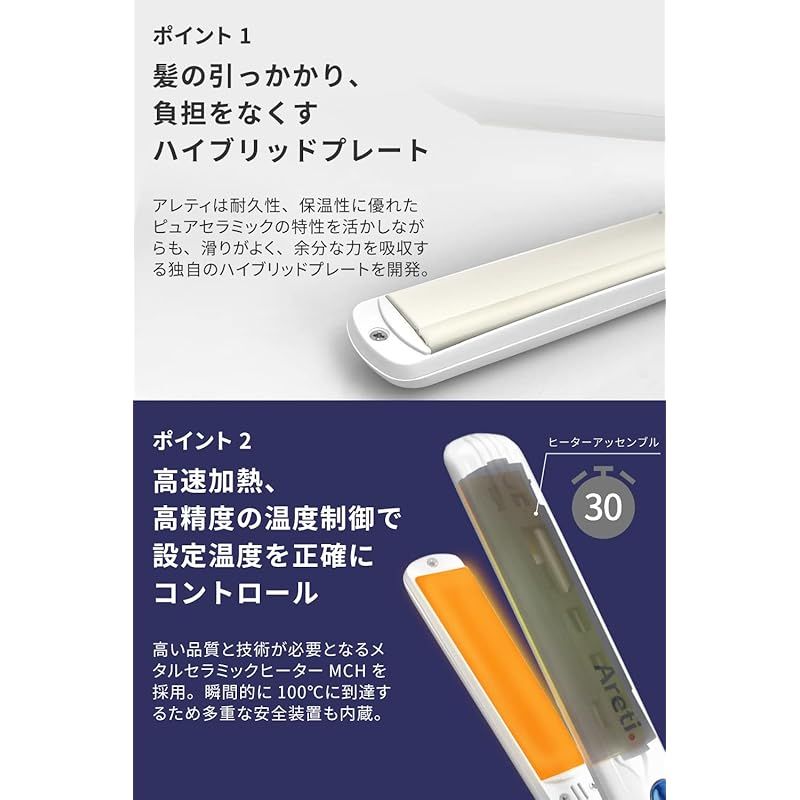 Areti アレティ ヘアアイロン 20 mm ピュアセラミック イノベーションモデル 急速加熱 ストレート カール 2 way 前髪 メンズにも 24段階の温度調整 海外対応 i 679 PCPH WH