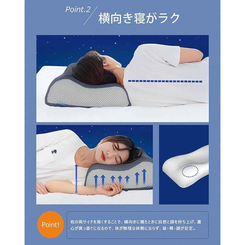 枕 首が痛くならない 枕 高め 低反発 横向き寝 枕 硬め まくら 首肩フィット 枕 高さ調整 ピロー 枕 真ん中凹み 呼吸しやすい pillow 幅64cm×奥行40cm Sunrising Bedding グレー