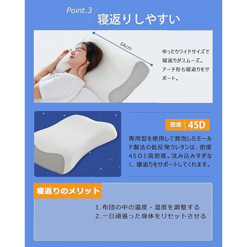 枕 低反発 首が痛くならない 枕 横向き寝 高め 枕 まくら 首肩フィット 枕 高さ調整 ピロー 枕 中央くぼみ 頸椎 支える 枕 硬め 大きい 幅64cm×奥行40cm Sunrising Bedding ホワイト