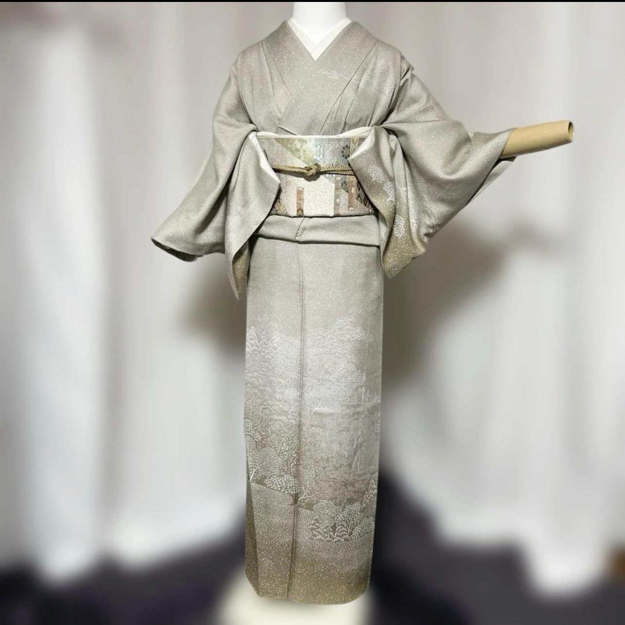 近い 袷 正絹 たたき染 訪問着 フルセット 西陣唐織白金箔袋帯 Nearly Elegant Silk Tataki-Dye Houmongi Full Set with Nishijin Platinum - Silver Obi