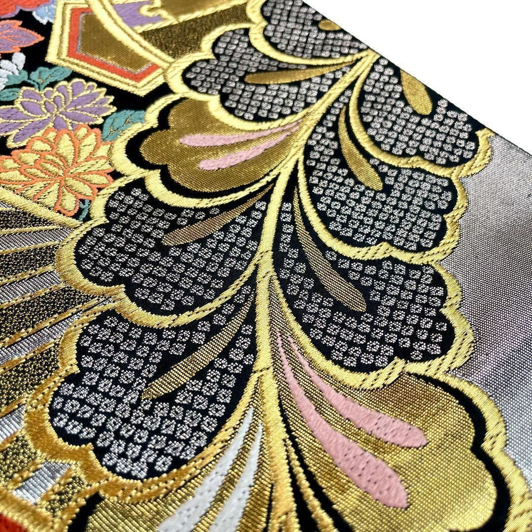 袋帯 正絹 金銀糸 独鈷藤 源氏車 ブラック ゴールド 振袖 成人式