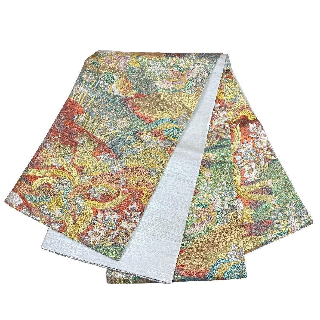 袋帯 正絹 金銀糸 草花 瑞鳥 メタリックマルチカラー 振袖 成人式 着物