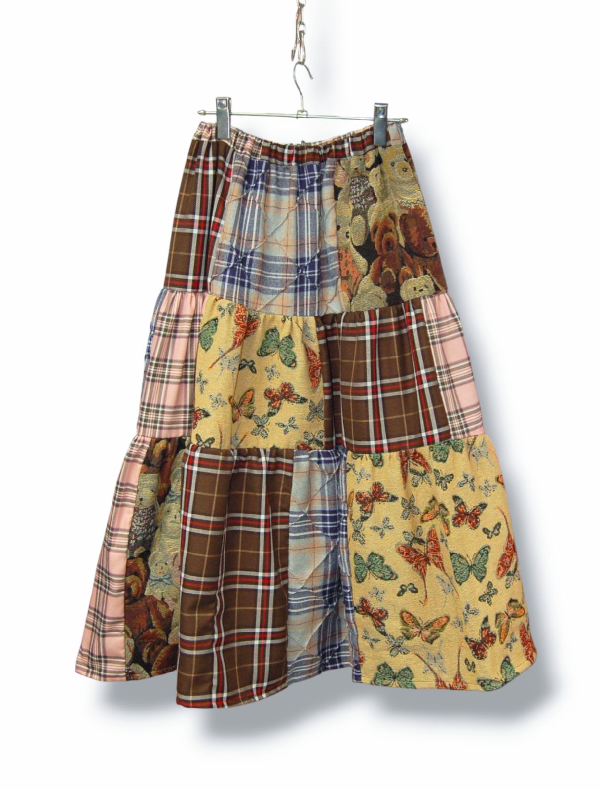 テディベア 蝶々 タータンチェックミックス ティアードロングスカート