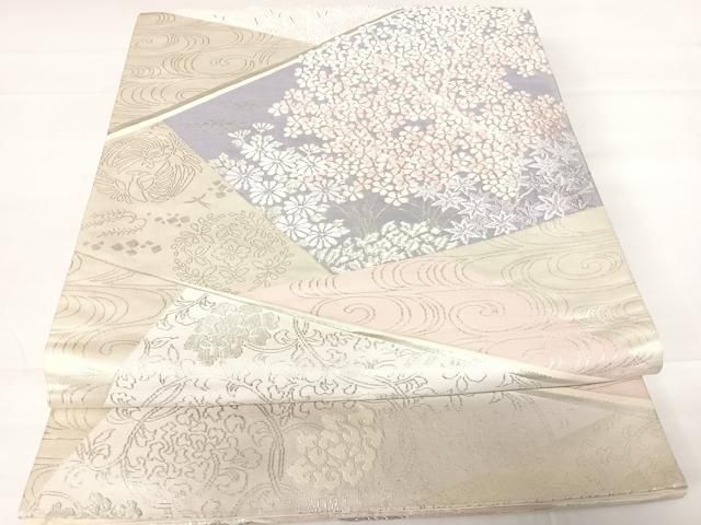 坂下織物 正統派 正絹 唐織 手織り 袋帯 逸品 生成アイボリー 古典柄 美品 平和屋着物◎六通柄袋帯 唐織 枝花文 銀糸 正絹 逸品 AABC2413yx