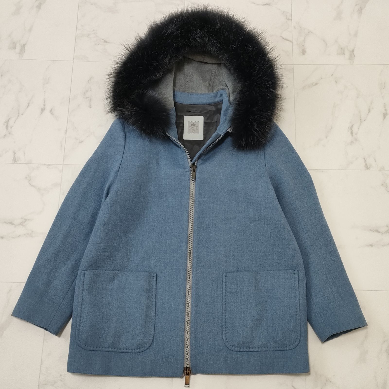 eleventy イレブンティ ロロピアーナ フーデットコート ファー ジップアップ ウール ブルー系 レディース M L