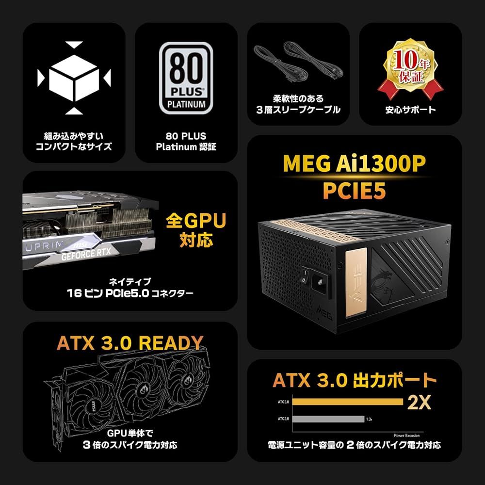 MSI MEG Ai 1300 P PCIE 5 W ATX 3 0 0ネイティブ対応 静音80 PLUS PC電源ユニット PS 1231