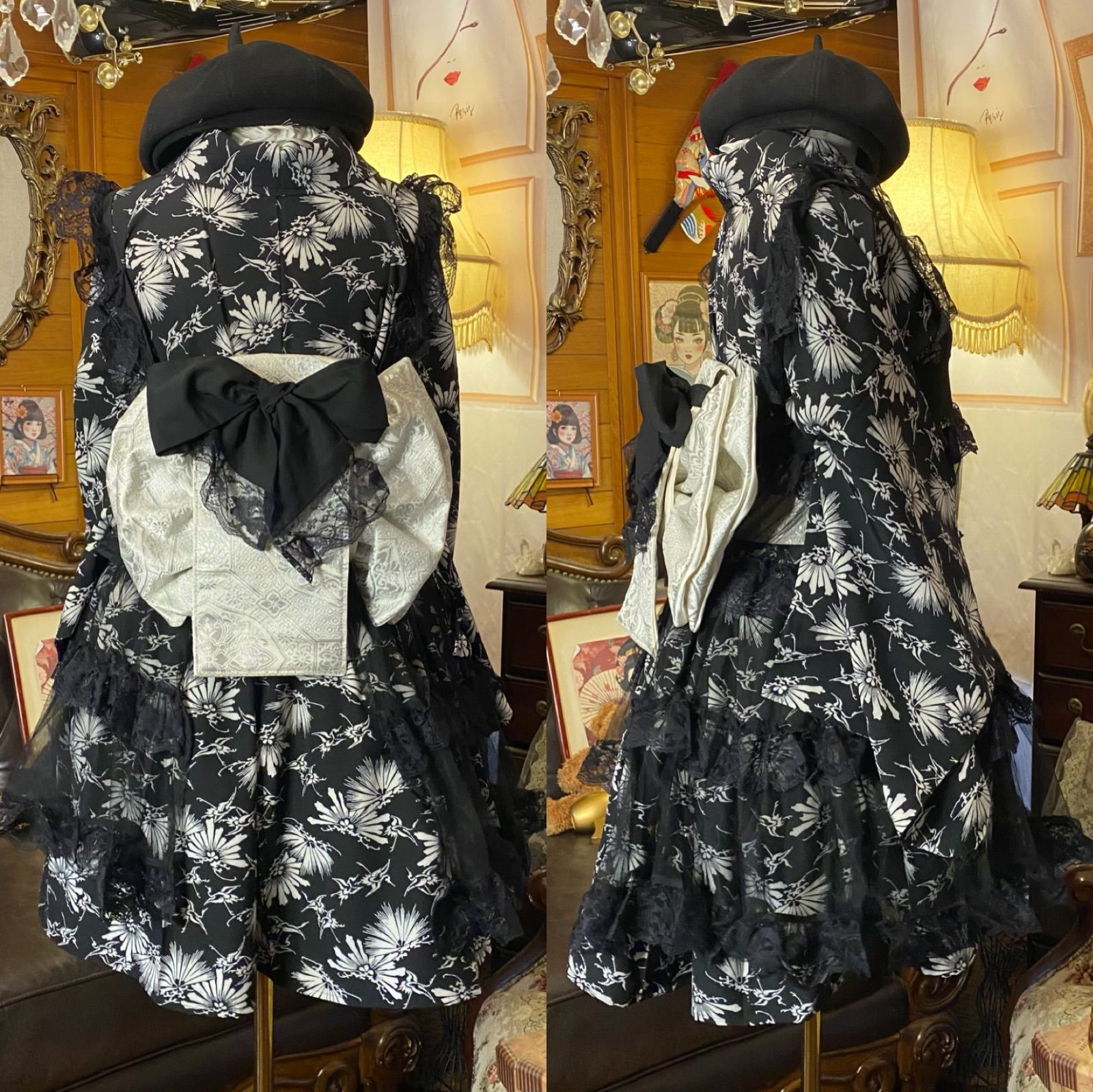  着物 ミニ丈 ワンピース ドレス 和ロリ 2部式作り帯 京袋帯 お太鼓 リメイク 和洋折衷 洗える 化繊 ハンドメイド レトロ 古着 単衣 サイズ 黒に咲く気高き羽音 MKW-41 ワンピース チュニック ファッション