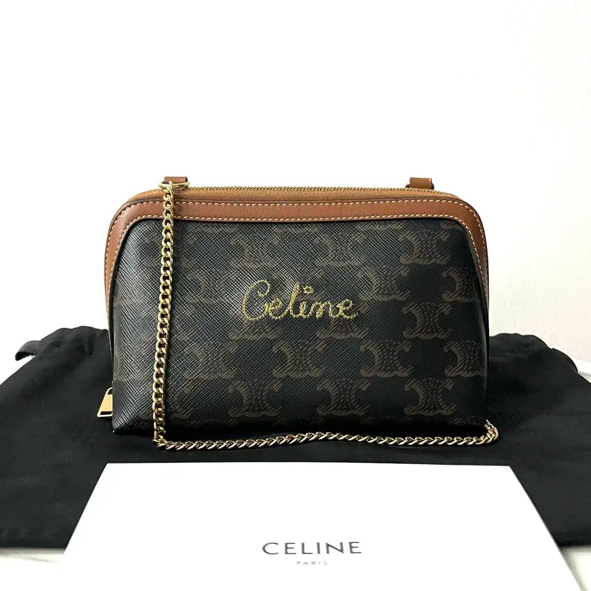 S級 Celine セリーヌ トリオンフ 刺繍 ロゴ チェーン クラッチバッグ クロスバック