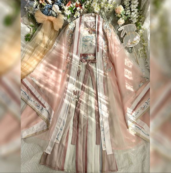 蝶恋花語 齊腰漢服 大袖衫 吊り帯付き百褶裙 漸變繍花デザイン ソングスタイル レディース用 粉色 ブルー 春夏用 優雅中華風ドレス 日常着 通勤 撮影用 コスプレ衣装 特別な日のお祝い プレゼント最適