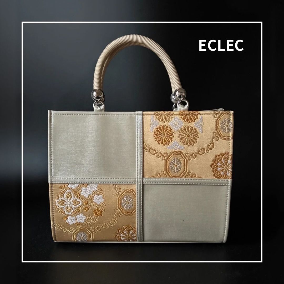 西陣織帯地×ベージュサテン 市松デザイン 和装バック 着物バッグ