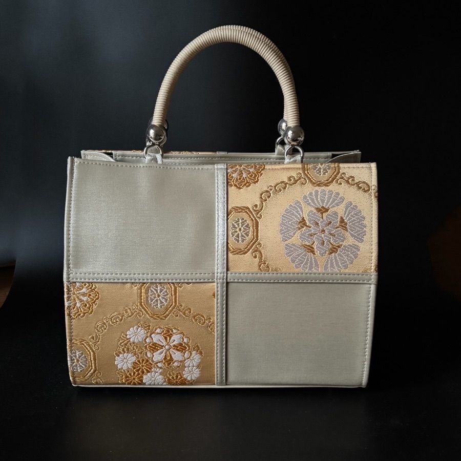 西陣織帯地×ベージュサテン 市松デザイン 和装バック 着物バッグ