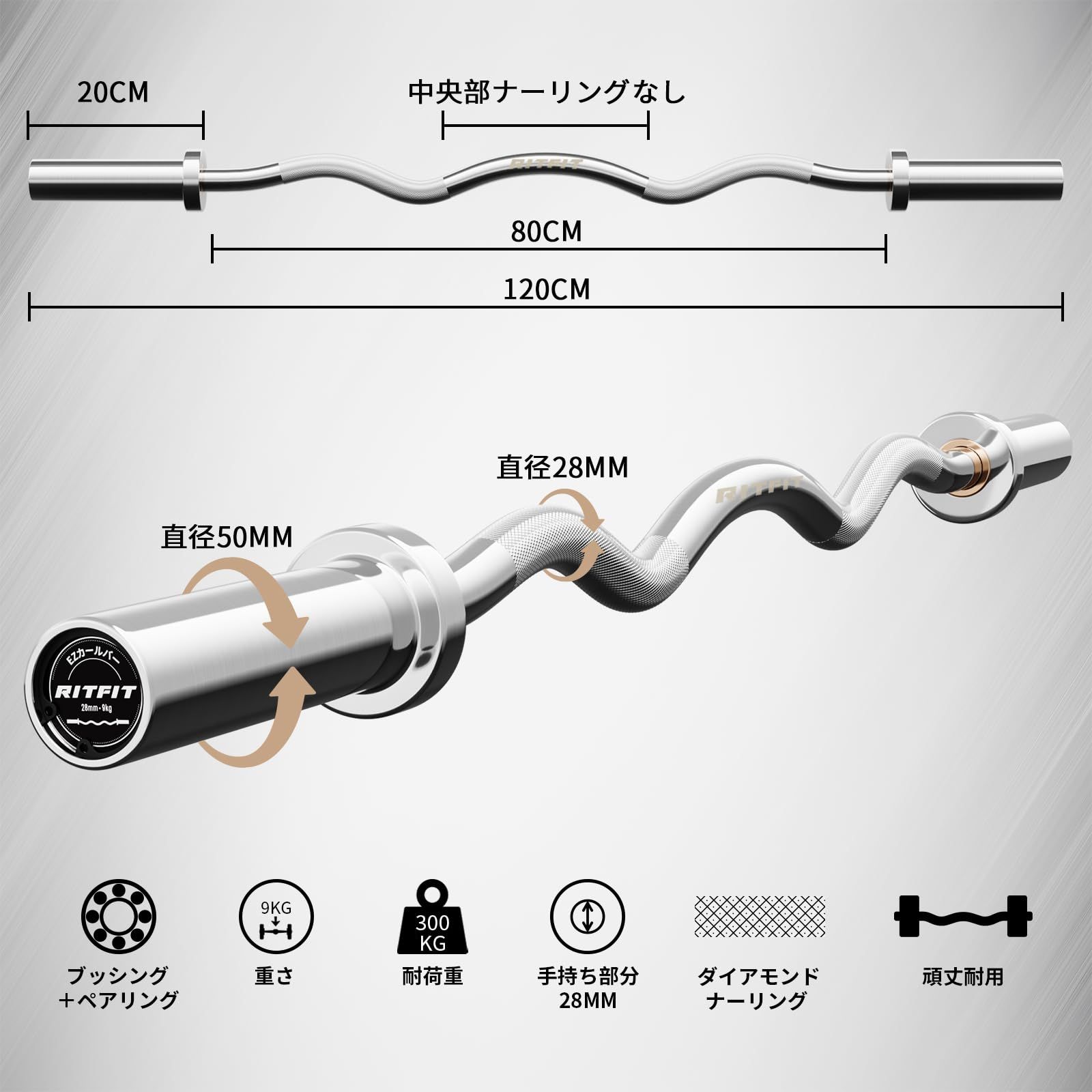 RITFIT オリンピックWバー オリンピックバーベル 直径50 mm 競技対応 握りやすい ベンチプレス デッドリフト ウェイトリフティング 本格的バーベル 筋肉トレーニング