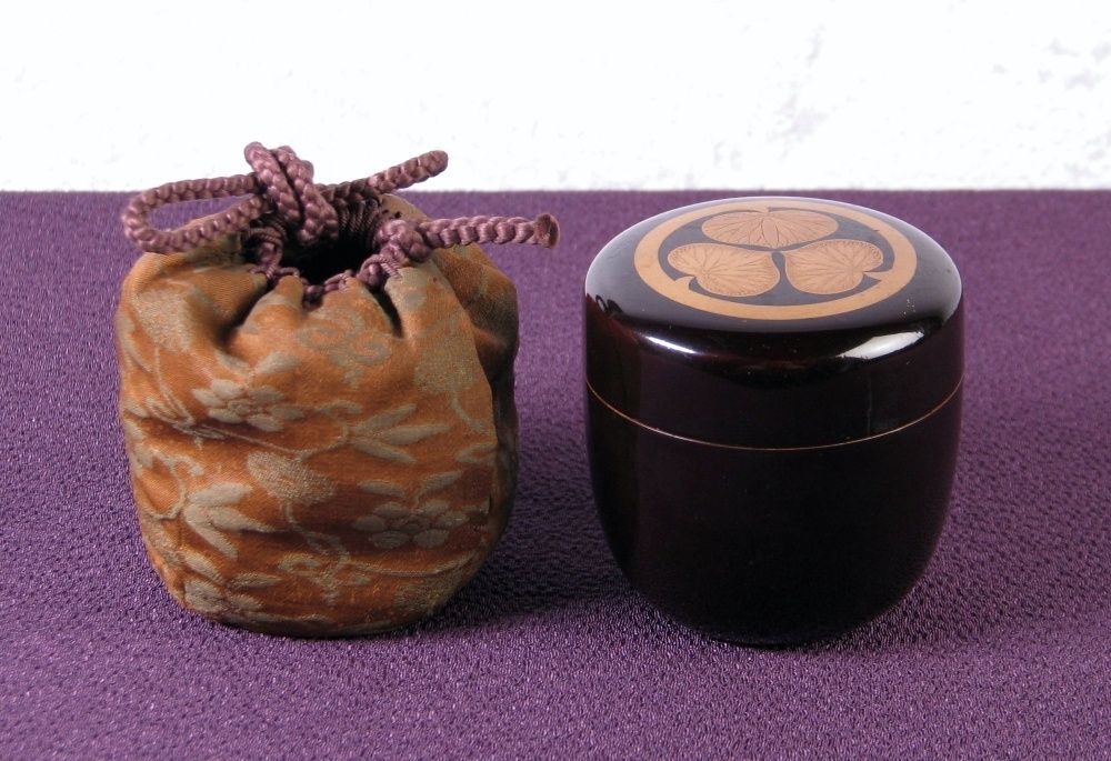 時代棗 蒔絵 葵の家紋 時代仕覆付 高さ 5 7 cm 桐 茶道具 25 k 013