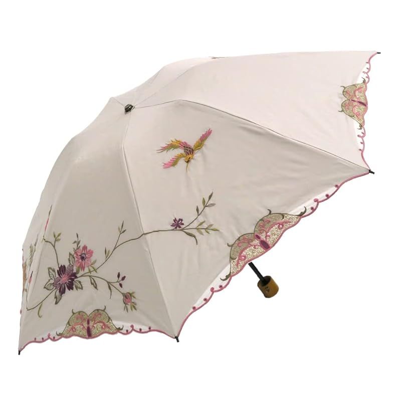 シノワズリーモダン 日傘 花紀行 折りたたみ 1級遮光 遮熱 UVカット 3段折りたたみ日傘 晴雨兼用傘 軽量 花鳥 刺繍 エクリュ