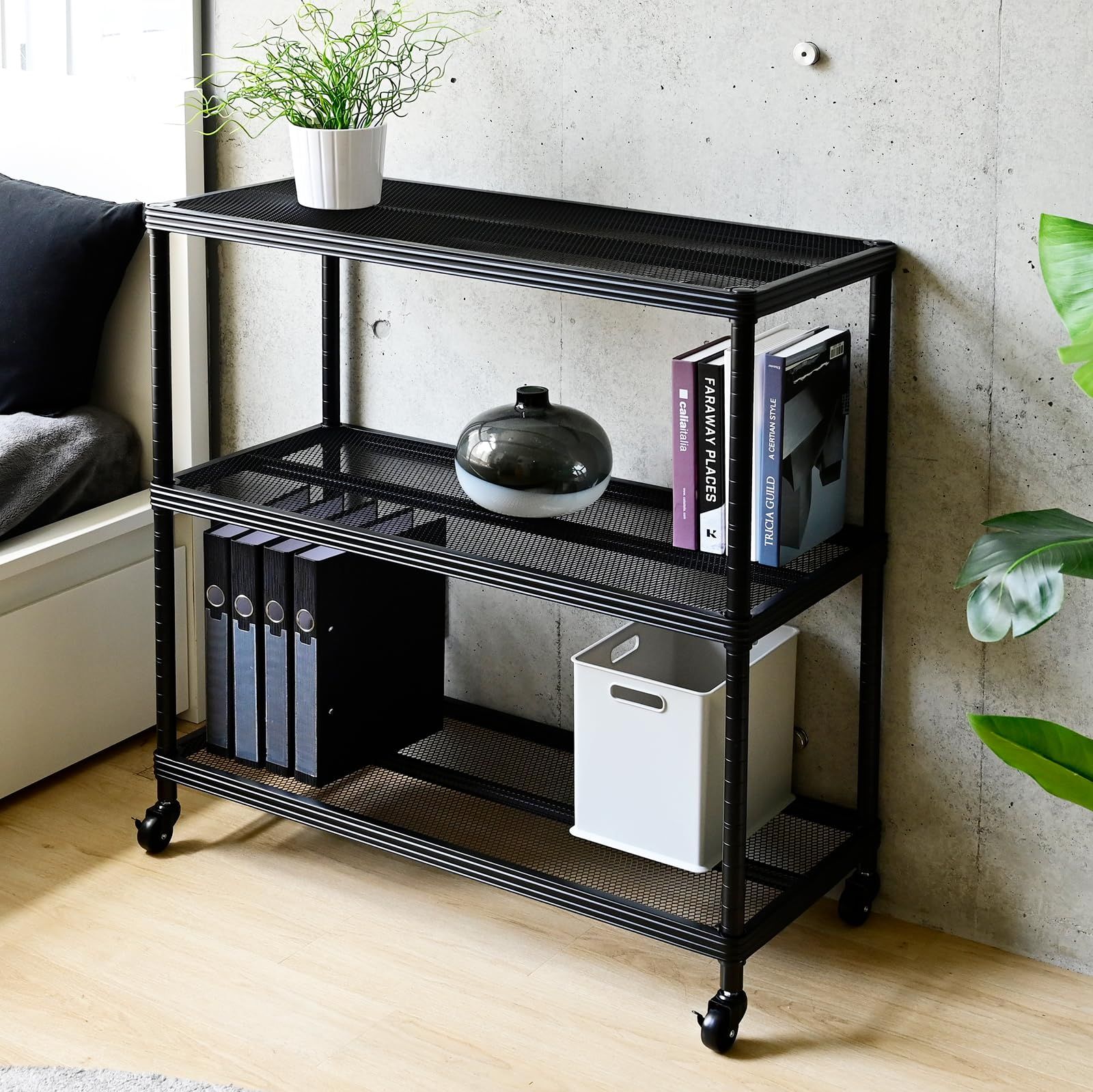 棚 3段 キャスター付き 全体耐荷重90 kg 高さ調節 荷重に強いキャスター ラック 幅87 奥行39 高さ90 cm キッチンラック 収納ラック 山善 YAMAZEN 組立品 ブラック MNR 90873 CJ BK