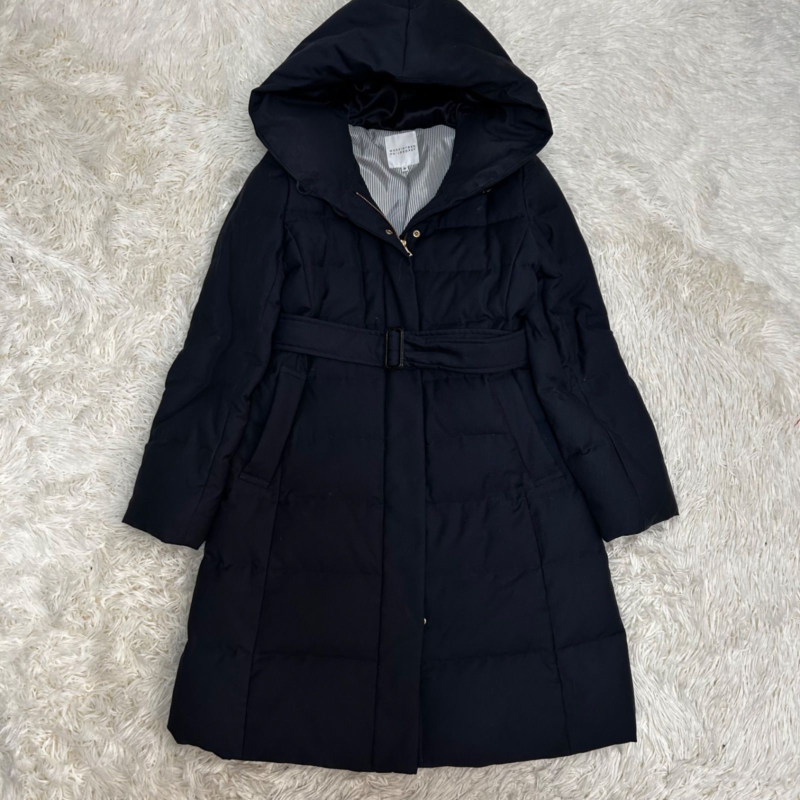 MACKINTOSH PHILOSOPHY ダウンコート ネイビー ベルト付き ストライプ