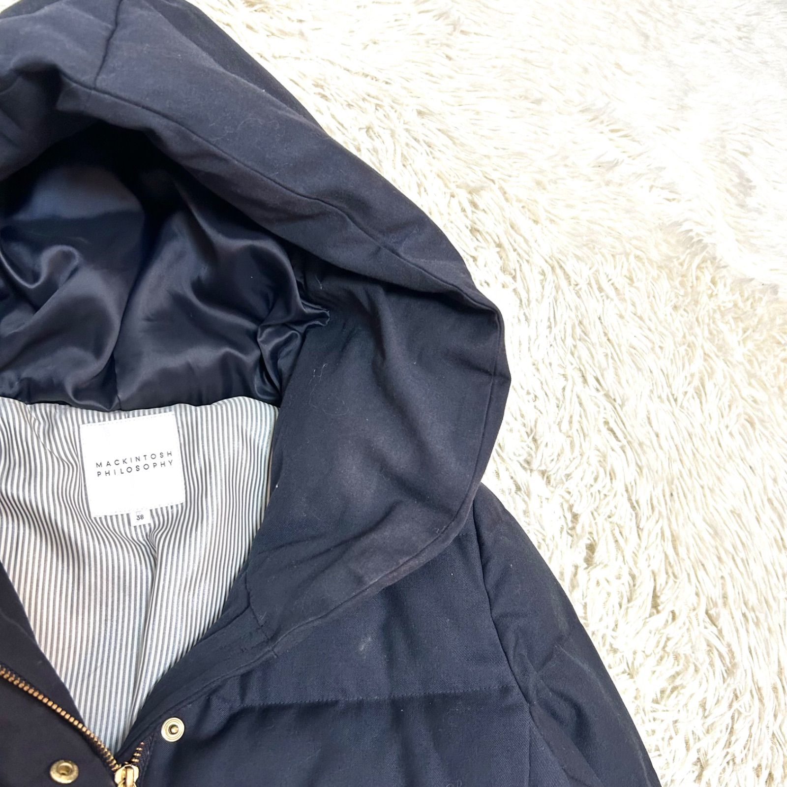 MACKINTOSH PHILOSOPHY ダウンコート ネイビー ベルト付き ストライプ 