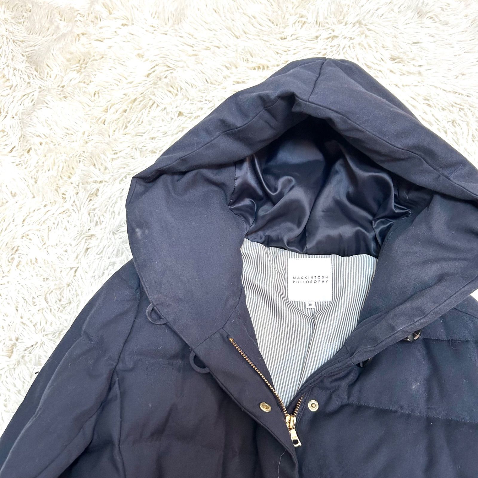 MACKINTOSH PHILOSOPHY ダウンコート ネイビー ベルト付き ストライプ
