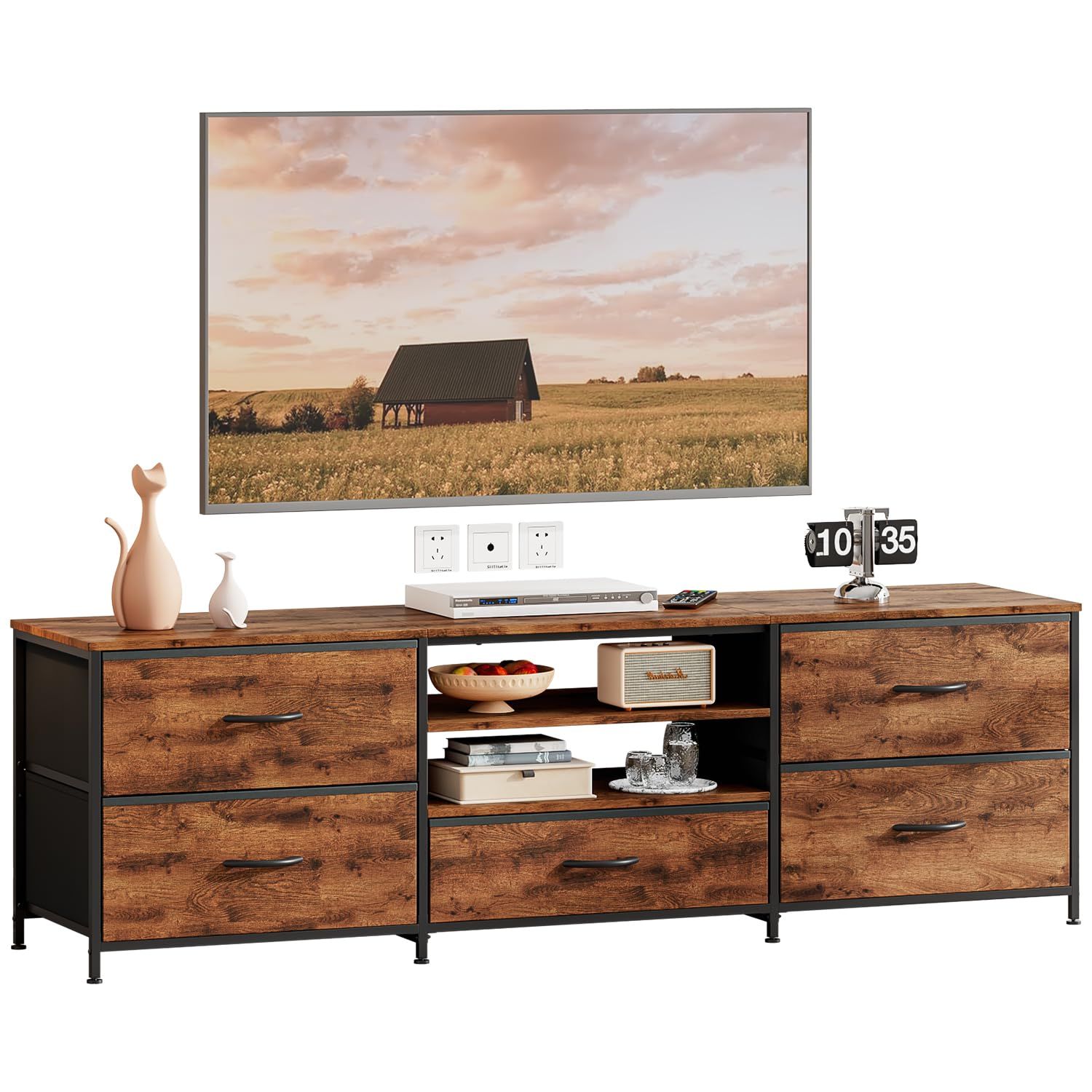 Humrriet テレビ台 ローボード テレビボード tvボード tv台 ロータイプ ワイド ナチュラル 木製 大容量収納スペース 32-65型対応 5引出し付き 防水 耐磨 高耐荷重 リビング向け ブラウン 140 30 50cm