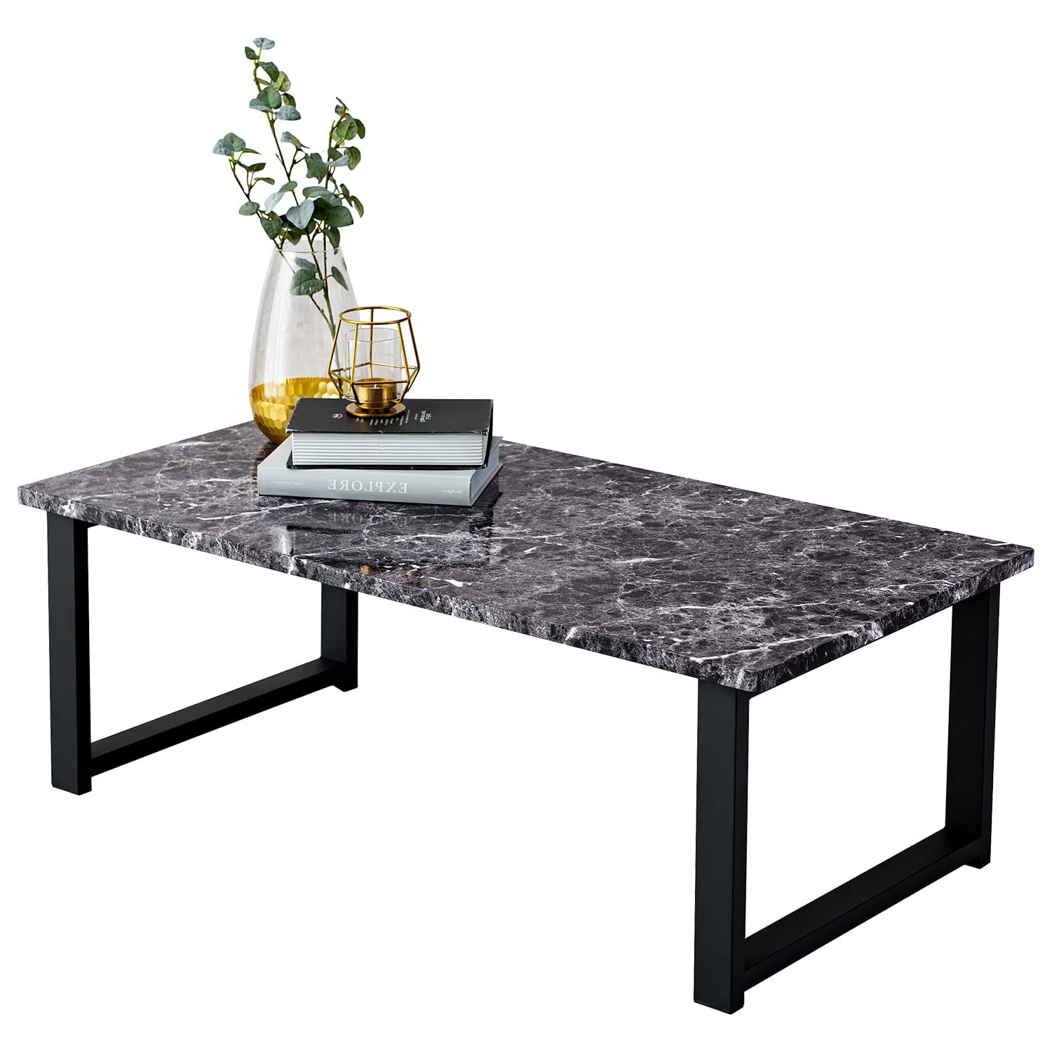 新品 萩原(Hagihara) ローテーブル センターテーブル 机 【大理石調天板×スチール脚】 シック モダン リビング ソファテーブル 幅90 奥行45 高さ32 ブラック 黒 頑丈 LT-4394MBK