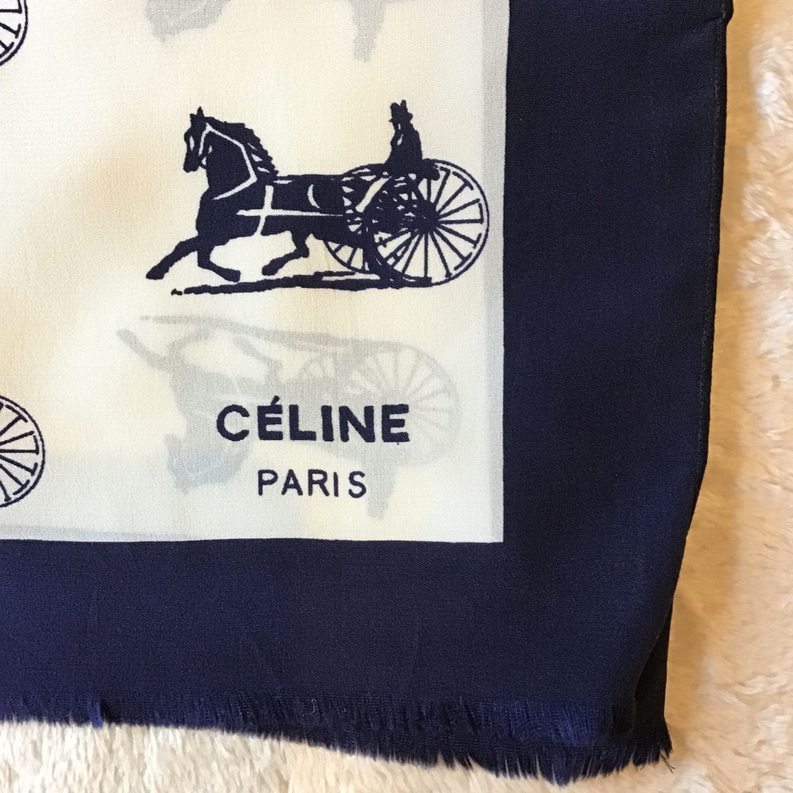 美品 オールドCÉLINE 馬車と馬 ビンテージ シルクスカーフ セリーヌ
