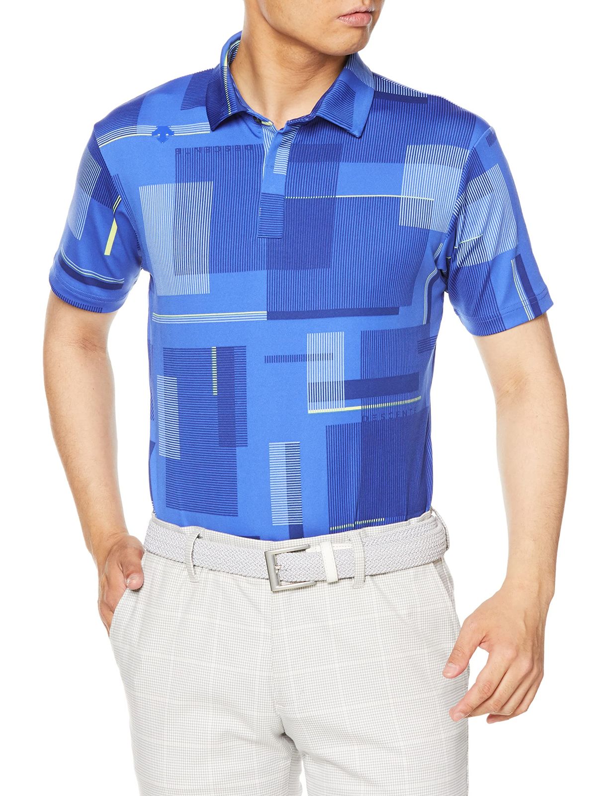 デサントゴルフ 半袖シャツ 吸汗 UVCUT UPF 50 ストレッチ レトロモダン ブロックパターン ゴルフ メンズ BL 00 ブルー 日本サイズL相当 Free Size