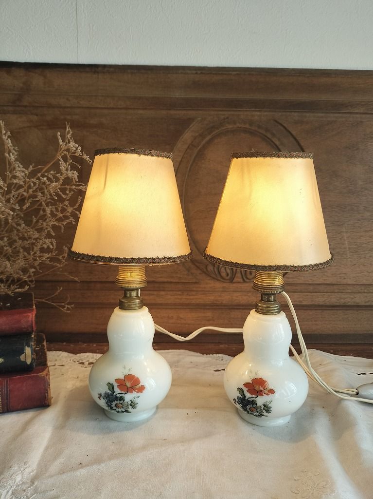フランス アンティーク 陶器 卓上ランプ シェードつき 照明 ライト ペア