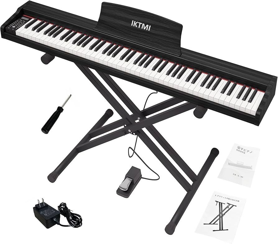 電子ピアノ 88鍵盤 木製 88鍵 電子ピアノスタンドセット 携帯ピアノ MIDI対応 ポータブルピアノ 子供 ペダル付き Xホルダ付き 持ち運び 黒い