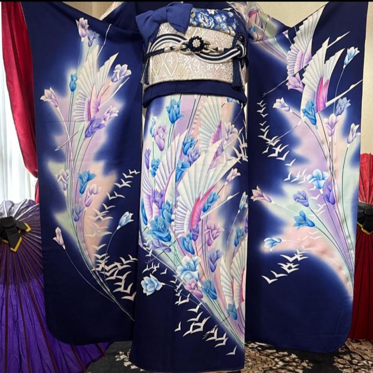 濃紺 振袖フルセット(4点)セット 袋帯・長襦袢・半衿・古典柄 鶴文様