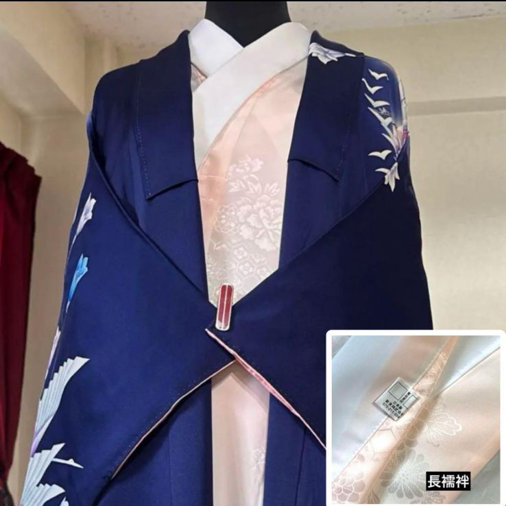 濃紺 振袖フルセット(4点)セット 袋帯・長襦袢・半衿・古典柄 鶴文様