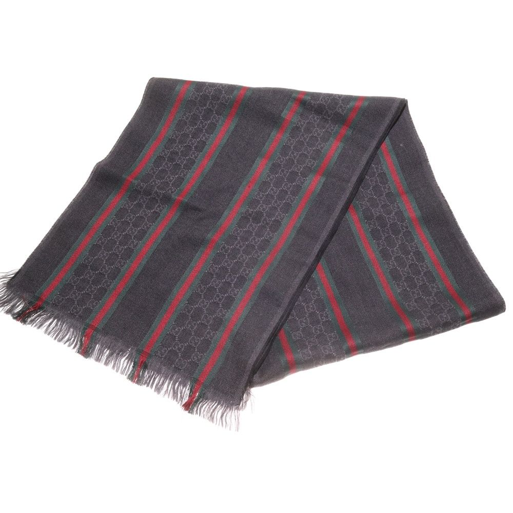 GUCCI グッチ シェリーライン フリンジ シルク混 ウール マフラー ストール ブラック 268941