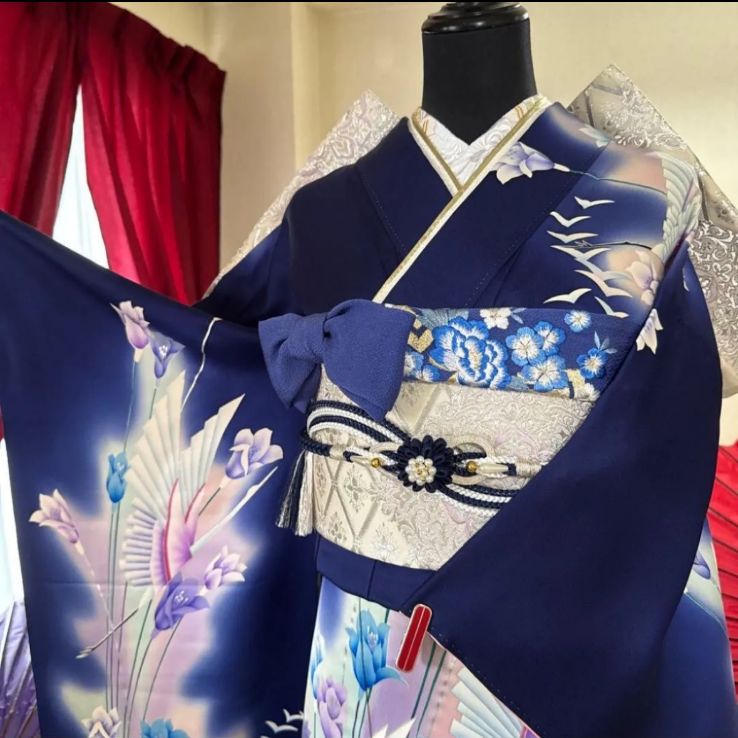 濃紺 振袖フルセット(4点)セット 袋帯・長襦袢・半衿・古典柄 鶴文様