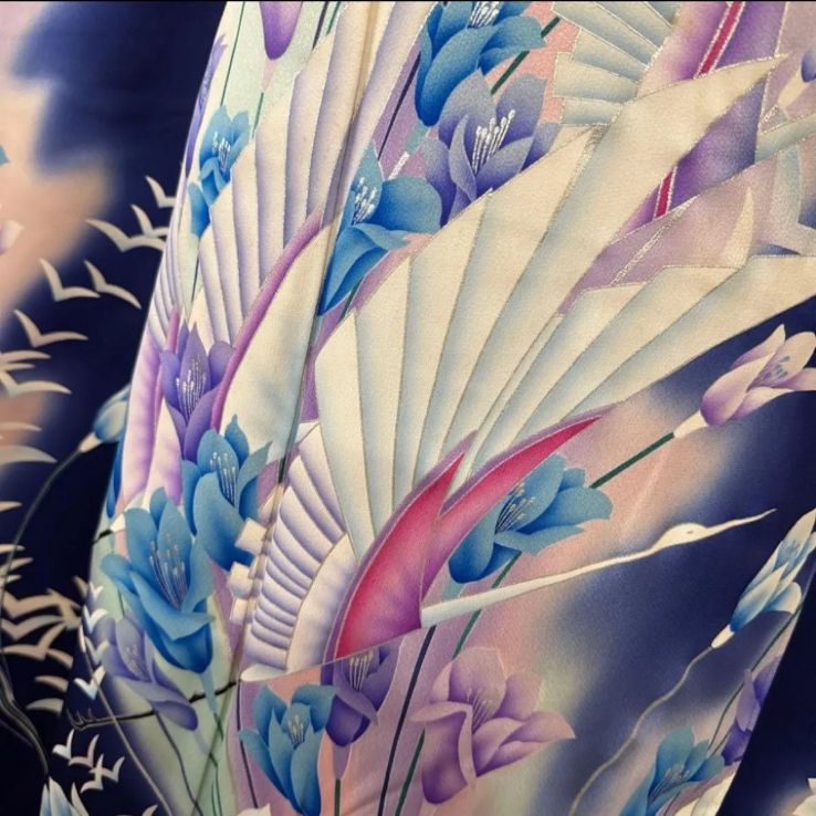 振袖フルセット(7点)・濃紺・古典柄・飛鶴・花鳥文・手描き・京友禅・正絹 濃紺 振袖フルセット(4点)セット 袋帯・長襦袢・半衿・古典柄 鶴文様