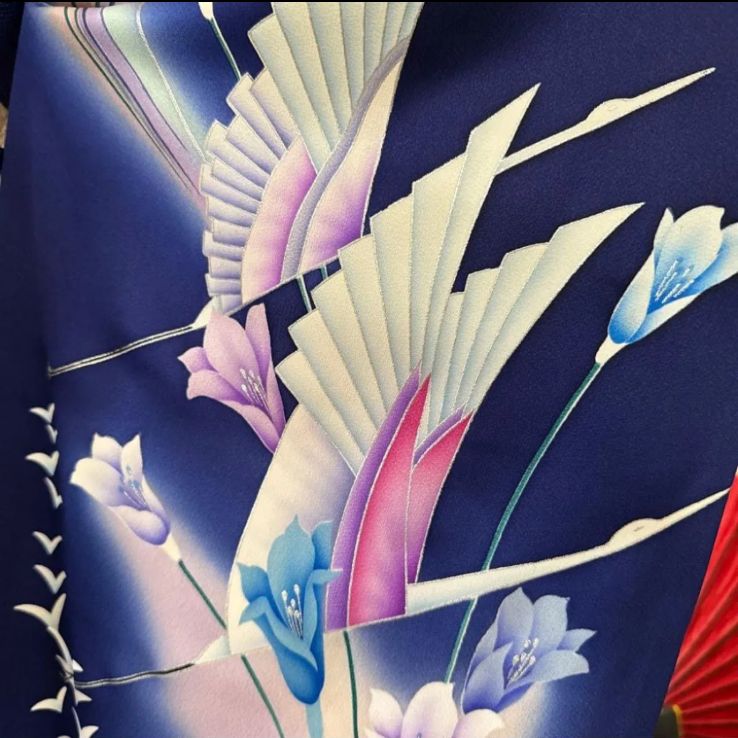 振袖フルセット(7点)・濃紺・古典柄・飛鶴・花鳥文・手描き・京友禅・正絹 濃紺 振袖フルセット(4点)セット 袋帯・長襦袢・半衿・古典柄 鶴文様