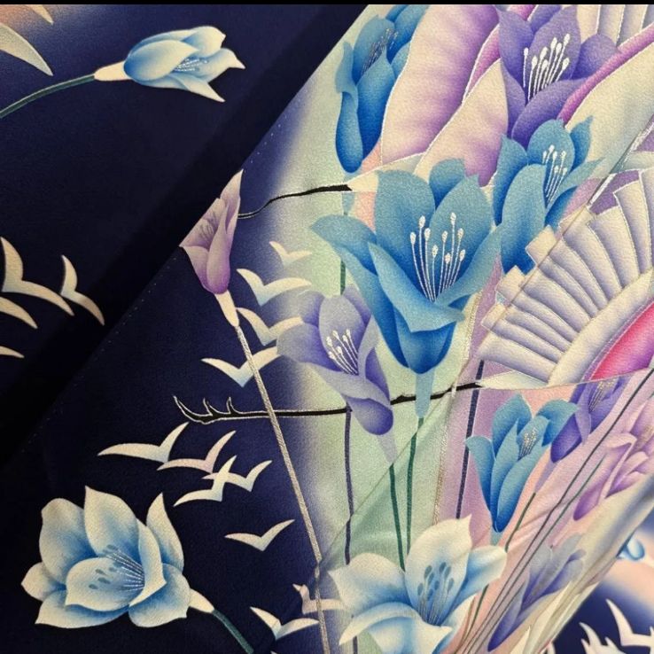 濃紺 振袖フルセット(4点)セット 袋帯・長襦袢・半衿・古典柄 鶴文様