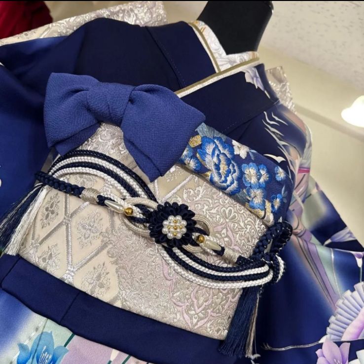 振袖フルセット(7点)・濃紺・古典柄・飛鶴・花鳥文・手描き・京友禅・正絹 濃紺 振袖フルセット(4点)セット 袋帯・長襦袢・半衿・古典柄 鶴文様