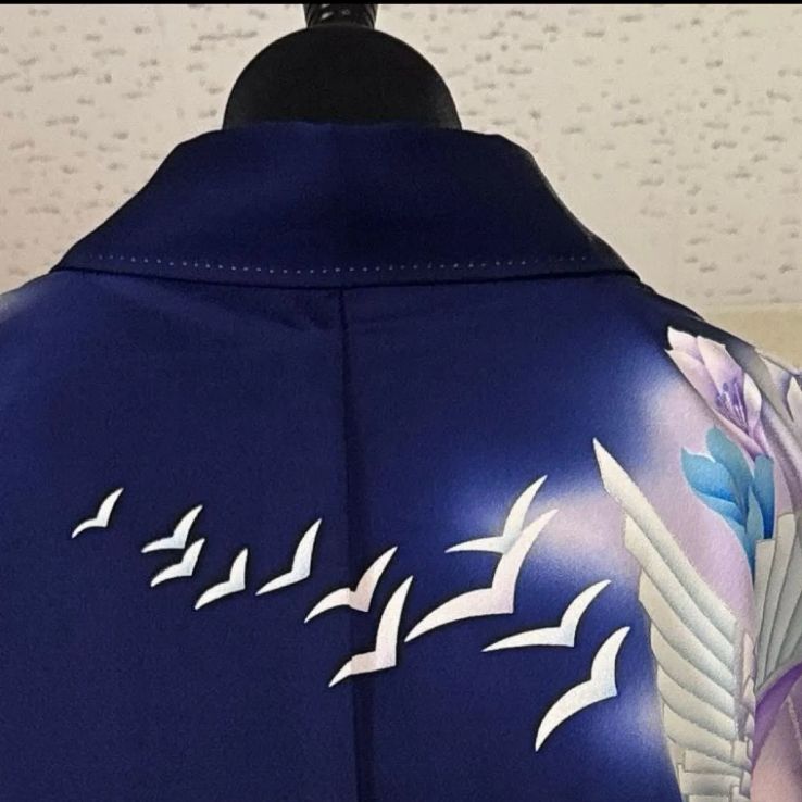 振袖フルセット(7点)・濃紺・古典柄・飛鶴・花鳥文・手描き・京友禅・正絹 濃紺 振袖フルセット(4点)セット 袋帯・長襦袢・半衿・古典柄 鶴文様