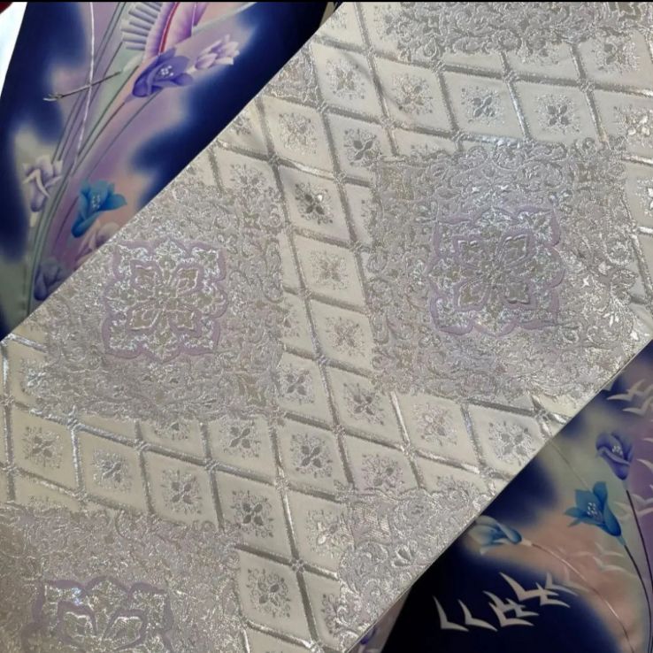 振袖フルセット(7点)・濃紺・古典柄・飛鶴・花鳥文・手描き・京友禅・正絹 濃紺 振袖フルセット(4点)セット 袋帯・長襦袢・半衿・古典柄 鶴文様