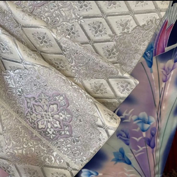 振袖フルセット(7点)・濃紺・古典柄・飛鶴・花鳥文・手描き・京友禅・正絹 濃紺 振袖フルセット(4点)セット 袋帯・長襦袢・半衿・古典柄 鶴文様