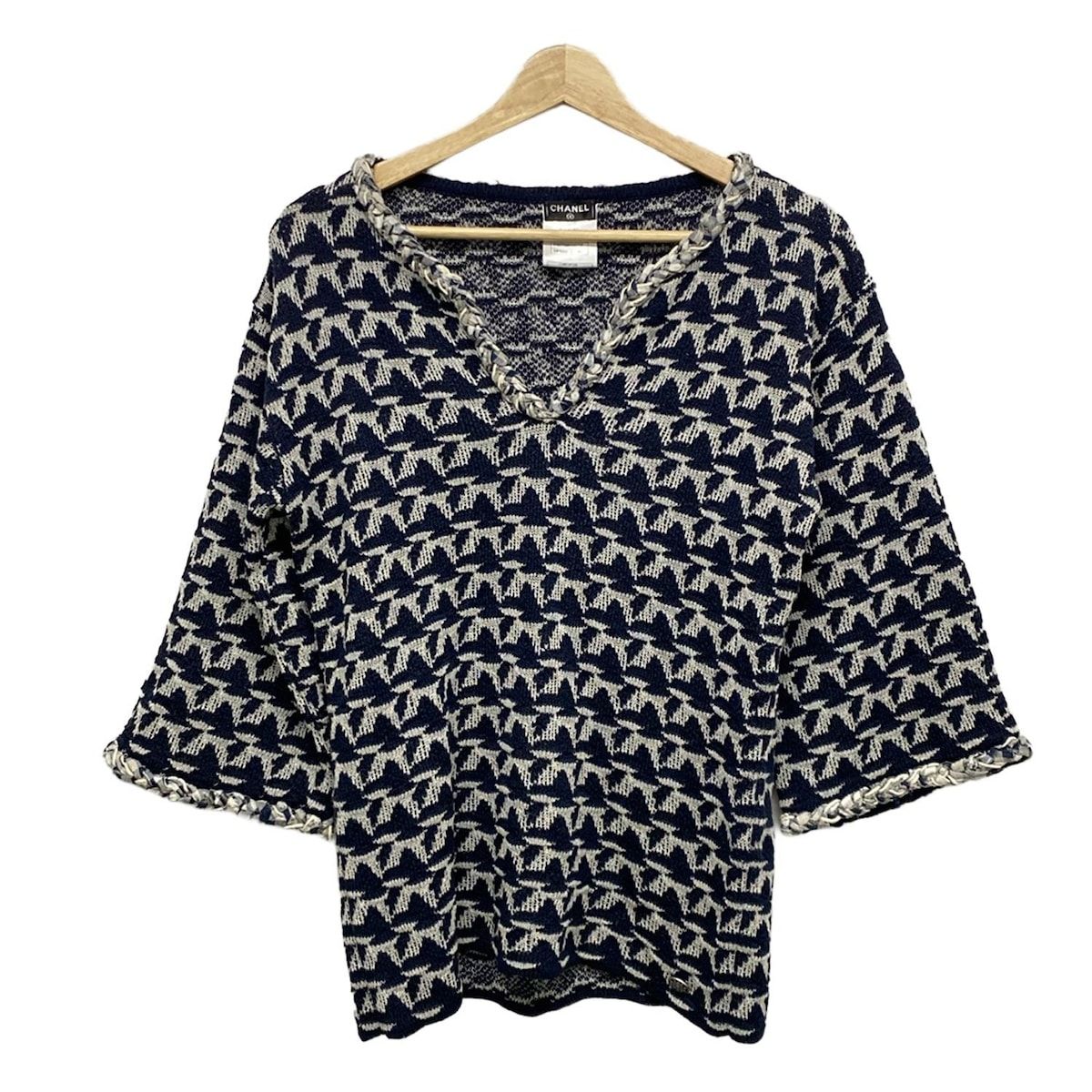 CHANEL シャネル 七分袖セーター サイズ38 M レディース P45708 ネイビー×アイボリー 幾何学模様 Vネック