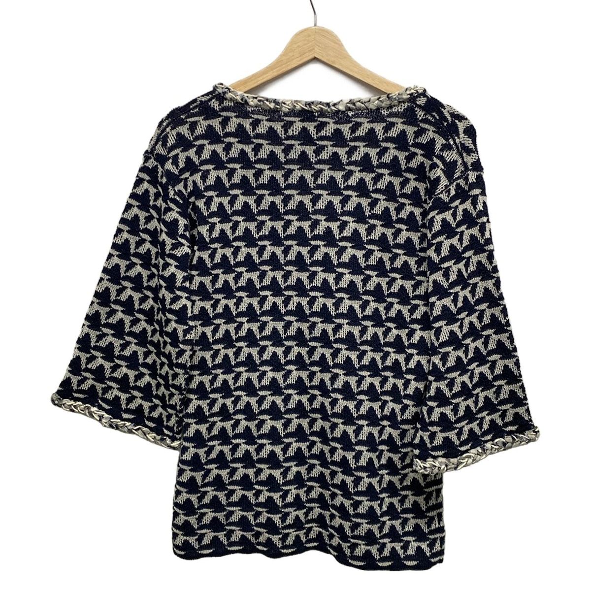 CHANEL シャネル 七分袖セーター サイズ38 M レディース P45708 ネイビー×アイボリー 幾何学模様 Vネック