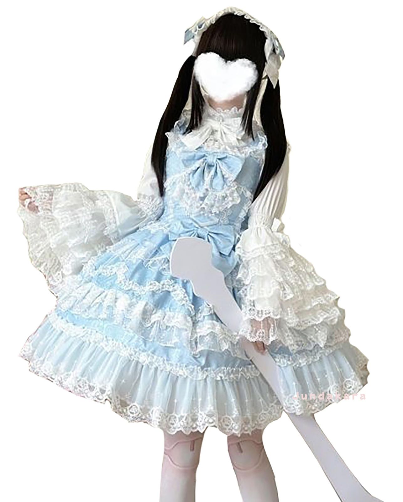 Jundakara セットアップ Lolita コスチューム コスプレ レディース 3点セット アイドル リボン フリル レースアップ 姫袖 洋服 ロリータ 甘ロリ フレンチガーリー かわいい パフスリーブ オシャレ ファッション 姫系 貴族 少女