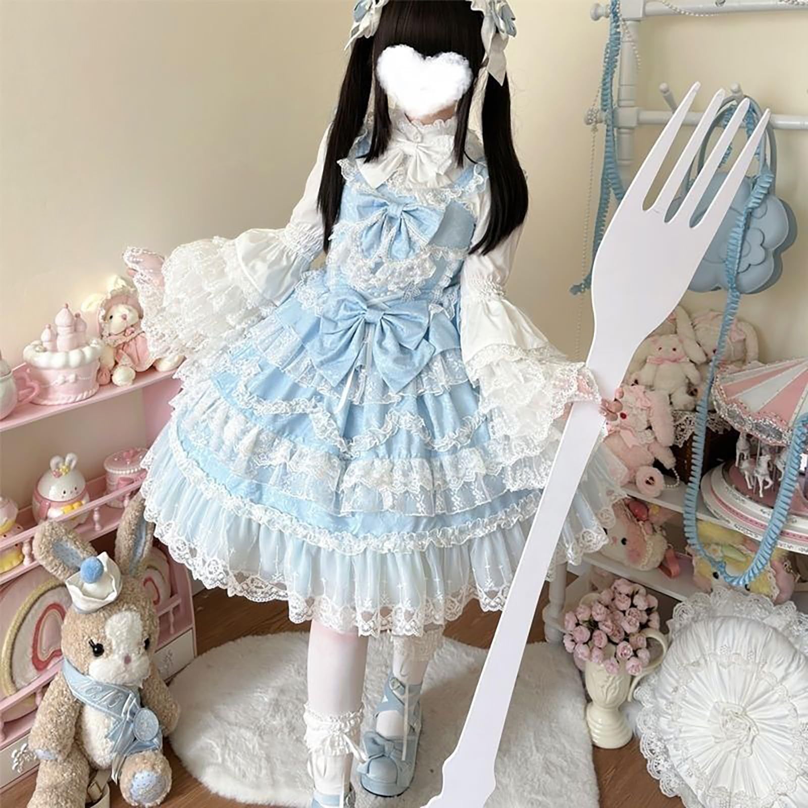 Jundakara セットアップ Lolita コスチューム コスプレ レディース 3点セット アイドル リボン フリル レースアップ 姫袖 洋服 ロリータ 甘ロリ フレンチガーリー かわいい パフスリーブ オシャレ ファッション 姫系 貴族 少女